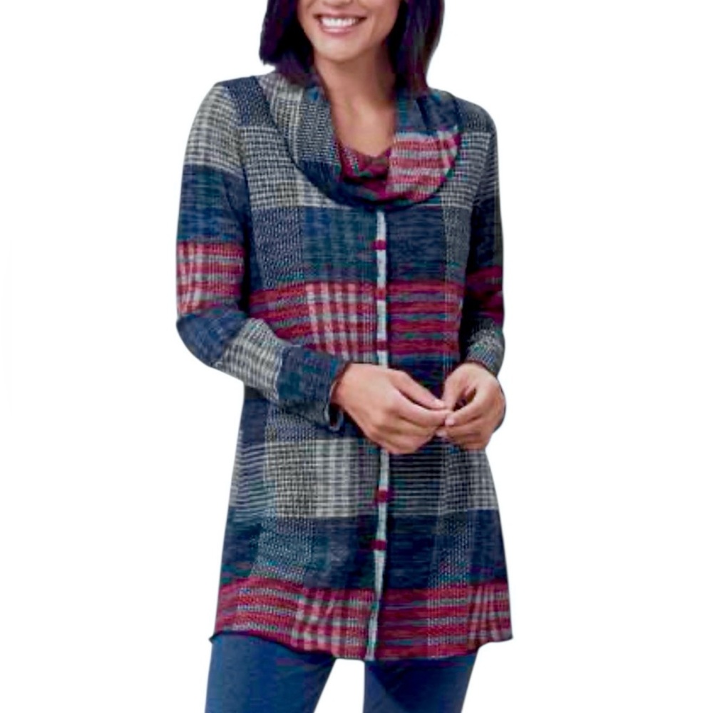 PURE ESSENCE Plaid Long Sleeve Cowl Neck Tunic Sweater, Size L